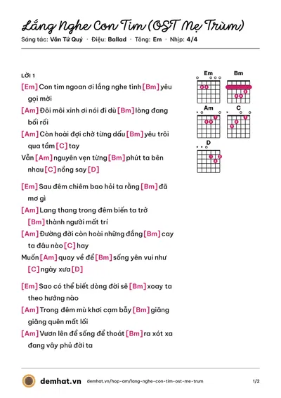 Hợp âm Lắng Nghe Con Tim (OST Mẹ Trùm) (Văn Tứ Quý) – bản nhạc PDF trang 1, tông Em