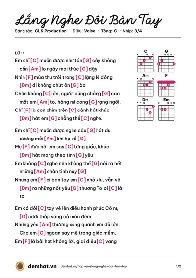 Hợp âm Lắng Nghe Đôi Bàn Tay (Vanh) – bản nhạc PDF trang 1, tông C