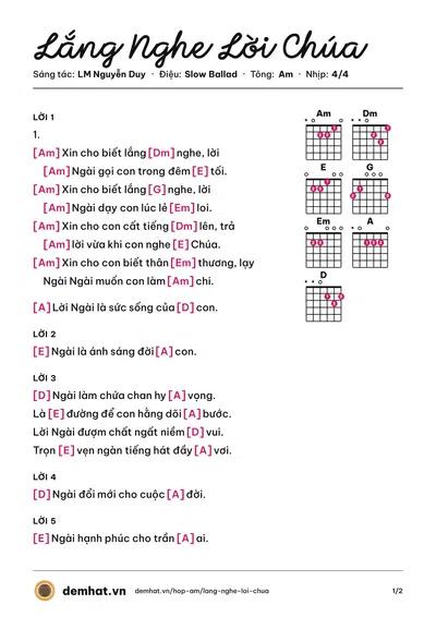 Hợp âm Lắng Nghe Lời Chúa (Lm. JB. Nguyễn Sang) – bản nhạc PDF trang 1, tông Am