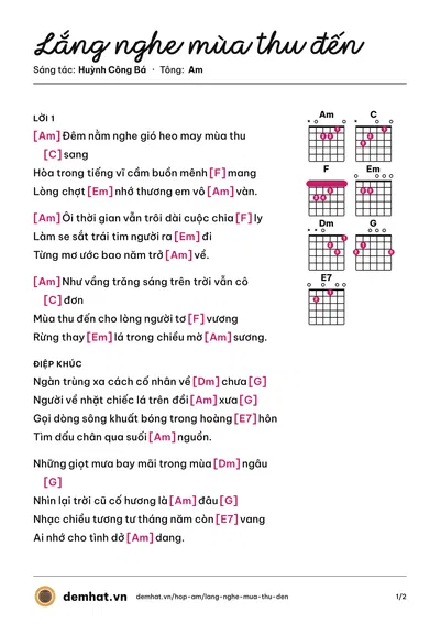 Hợp âm Lắng nghe mùa thu đến (Yên Nhiên) – bản nhạc PDF trang 1, tông Am