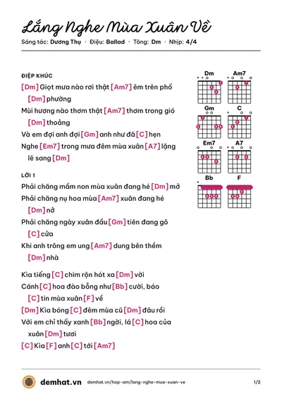 Hợp âm Lắng Nghe Mùa Xuân Về (Bằng Kiều) – bản nhạc PDF trang 1, tông Dm
