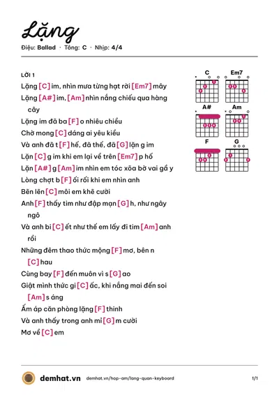 Hợp âm Lặng (Quân Keyboard) – bản nhạc PDF trang 1, tông C