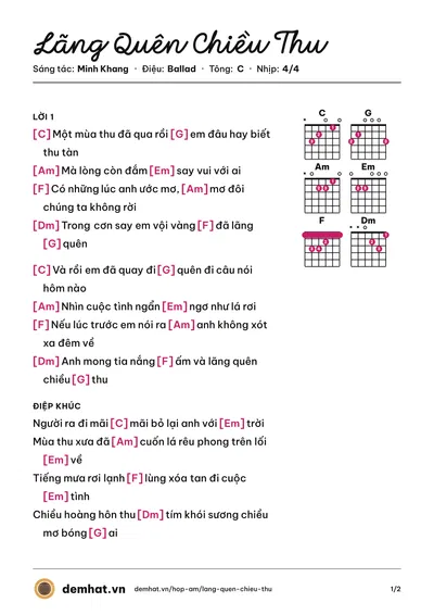 Hợp âm Lãng Quên Chiều Thu (Lam Trường) – bản nhạc PDF trang 1, tông C