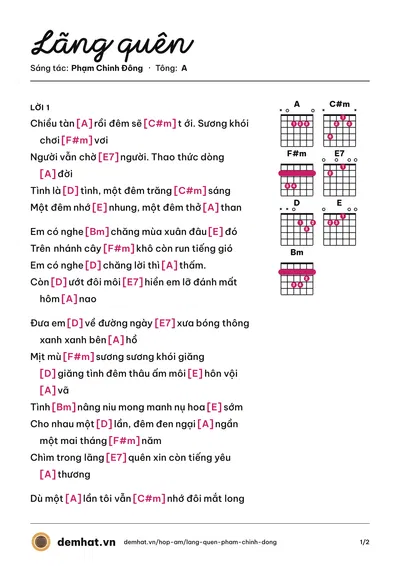 Hợp âm Lãng quên (Thanh Duyên) – bản nhạc PDF trang 1, tông A