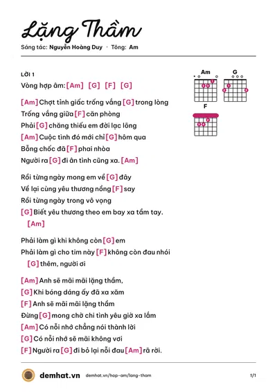 Hợp âm Lặng Thầm (Noo Phước Thịnh) – bản nhạc PDF trang 1, tông Am