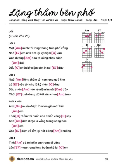 Hợp âm Lặng thầm bên phố (Văn Vũ) – bản nhạc PDF trang 1, tông Am