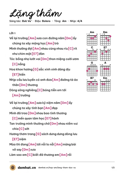 Hợp âm Lặng thầm (Đức Vũ) – bản nhạc PDF trang 1, tông Am
