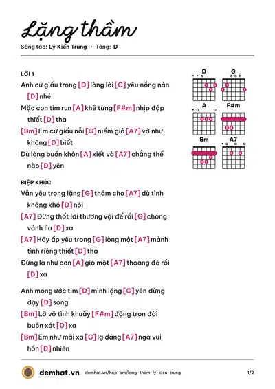 Hợp âm Lặng thầm (Hồng Biển) – bản nhạc PDF trang 1, tông D