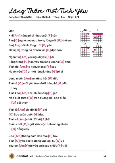 Hợp âm Lặng Thầm Một Tình Yêu (Hà Minh Tiến) – bản nhạc PDF trang 1, tông Am