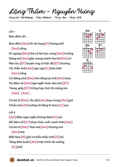 Hợp âm Lặng Thầm - Nguyễn Hưng (Nguyễn Hưng) – bản nhạc PDF trang 1, tông Am
