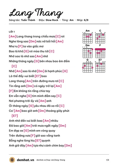 Hợp âm Lang Thang (Phương Thanh) – bản nhạc PDF trang 1, tông Am