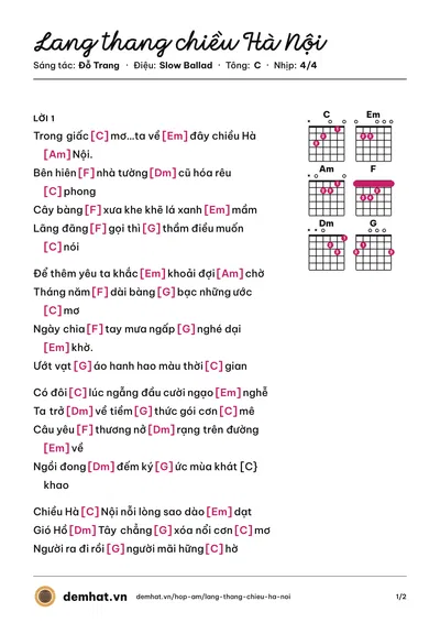 Hợp âm Lang thang chiều Hà Nội (Phương Thùy) – bản nhạc PDF trang 1, tông C