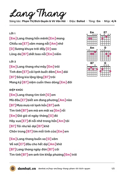 Hợp âm Lang Thang (Mai Nhung) – bản nhạc PDF trang 1, tông Em
