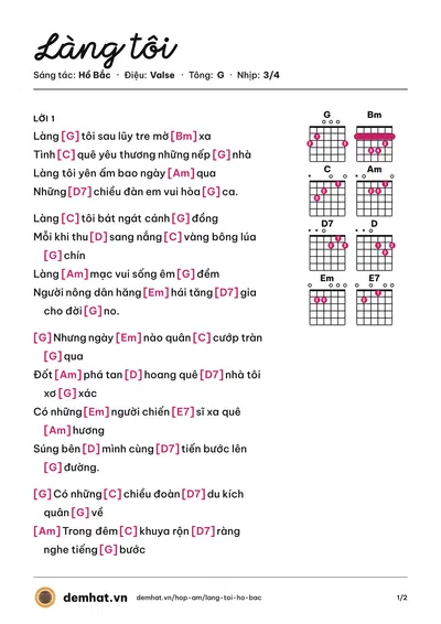Hợp âm Làng tôi (Anh Thơ) – bản nhạc PDF trang 1, tông G