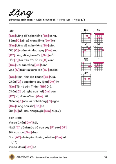 Hợp âm Lặng (Hiền Thục) – bản nhạc PDF trang 1, tông Dm