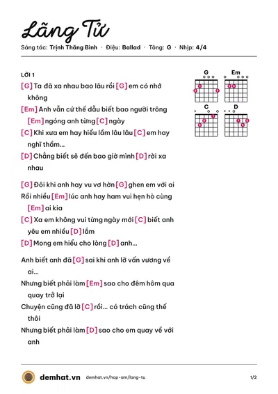 Hợp âm Lãng Tử (Trịnh Thăng Bình) – bản nhạc PDF trang 1, tông G