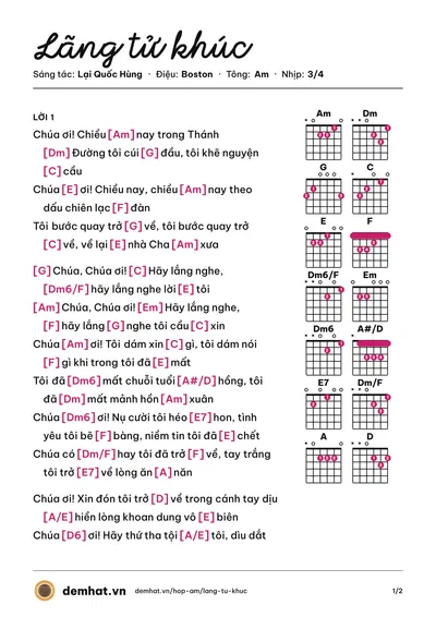 Hợp âm Lãng tử khúc (Lại Quốc Hùng) – bản nhạc PDF trang 1, tông Am