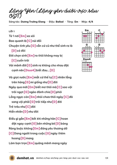 Hợp âm Lặng Yên (Lặng yên dưới vực sâu OST) (Ái Phương) – bản nhạc PDF trang 1, tông Em
