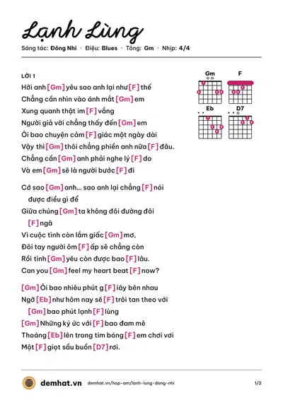 Hợp âm Lạnh Lùng (Đông Nhi) – bản nhạc PDF trang 1, tông Gm