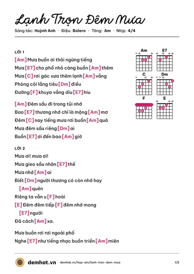 Hợp âm Lạnh Trọn Đêm Mưa (Như Quỳnh) – bản nhạc PDF trang 1, tông Am