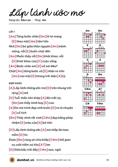 Hợp âm Lấp lánh ước mơ (Bảo Lan) – bản nhạc PDF trang 1, tông Am