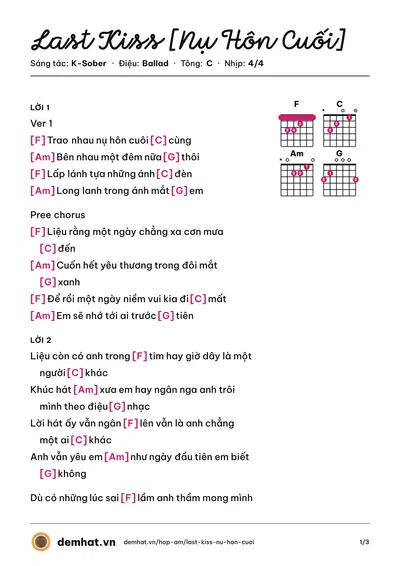 Hợp âm Last Kiss [Nụ Hôn Cuối] (K-Sober) – bản nhạc PDF trang 1, tông C