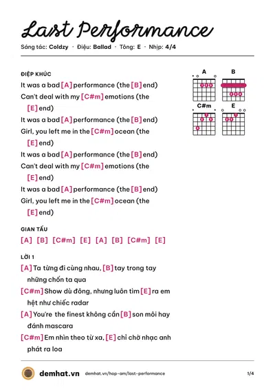 Hợp âm Last Performance (Coldzy) – bản nhạc PDF trang 1, tông E