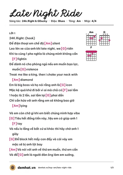 Hợp âm Late Night Ride (24k.Right) – bản nhạc PDF trang 1, tông Am