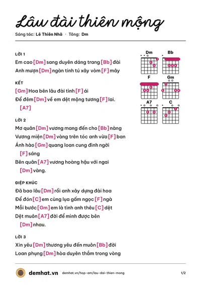 Hợp âm Lâu đài thiên mộng (Đức Hạnh) – bản nhạc PDF trang 1, tông Dm