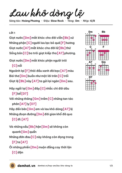 Hợp âm Lau khô dòng lệ (Bảo Yến) – bản nhạc PDF trang 1, tông Dm
