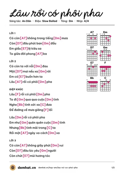 Hợp âm Lâu rồi có phôi pha (Triều Linh) – bản nhạc PDF trang 1, tông Dm