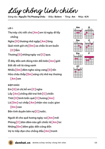 Hợp âm Lấy chồng lính chiến (Thanh Tuyền (trước 75)) – bản nhạc PDF trang 1, tông Am