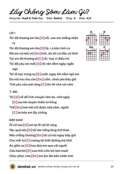 Hợp âm Lấy Chồng Sớm Làm Gì? (HuyR) – bản nhạc PDF trang 1, tông G