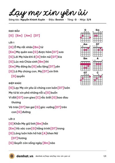 Hợp âm Lạy mẹ xin yên ủi (Diệu Hiền) – bản nhạc PDF trang 1, tông G