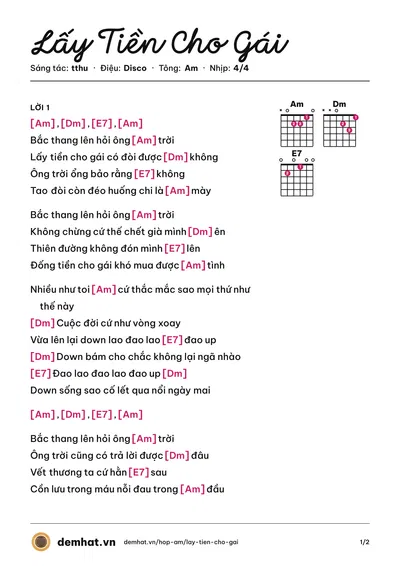 Hợp âm Lấy Tiền Cho Gái (tthu) – bản nhạc PDF trang 1, tông Am