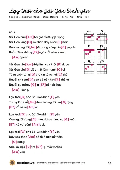 Hợp âm Lạy trời cho Sài Gòn bình yên (Mai Thiên Vân) – bản nhạc PDF trang 1, tông Am