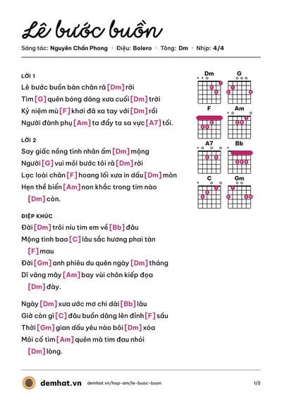 Hợp âm Lê bước buồn (Hồ Duy Thái) – bản nhạc PDF trang 1, tông Dm
