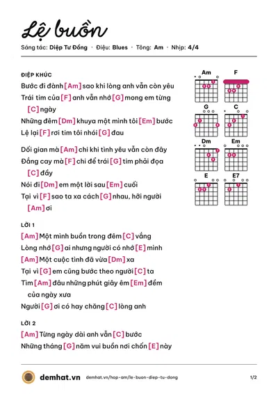 Hợp âm Lệ buồn (Diệp Tư Đồng) – bản nhạc PDF trang 1, tông Am
