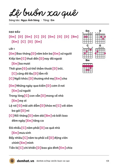 Hợp âm Lệ buồn xa quê (Ngọc Ánh Sáng) – bản nhạc PDF trang 1, tông Em