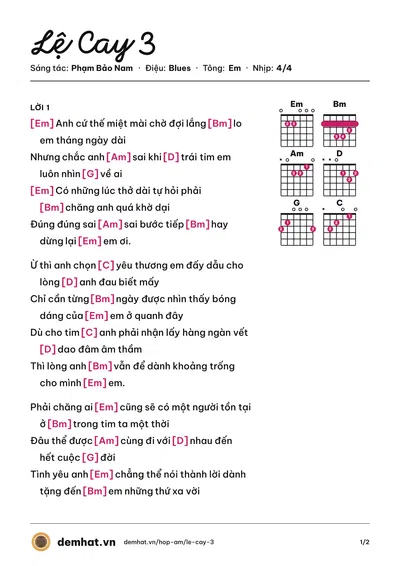 Hợp âm Lệ Cay 3 (Du Thiên) – bản nhạc PDF trang 1, tông Em
