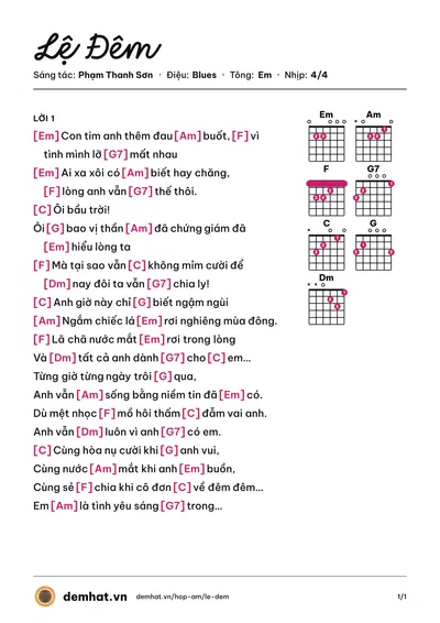 Hợp âm Lệ Đêm (Khang Luân) – bản nhạc PDF trang 1, tông Em