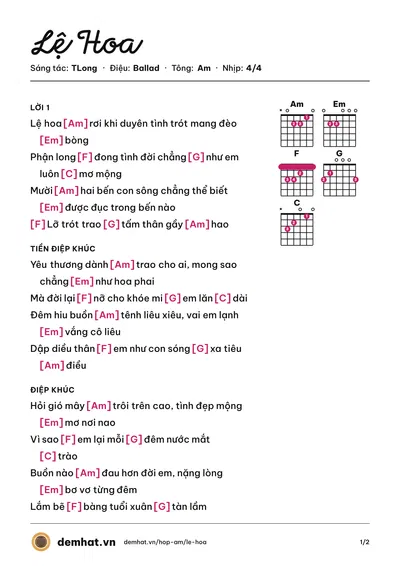 Hợp âm Lệ Hoa (TLong) – bản nhạc PDF trang 1, tông Am