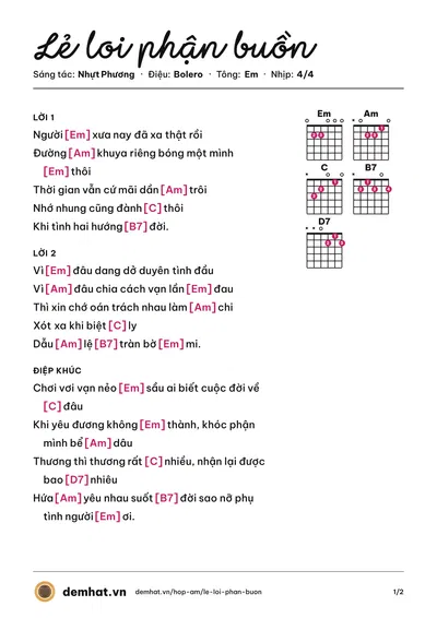 Hợp âm Lẻ loi phận buồn (Lan Vy) – bản nhạc PDF trang 1, tông Em