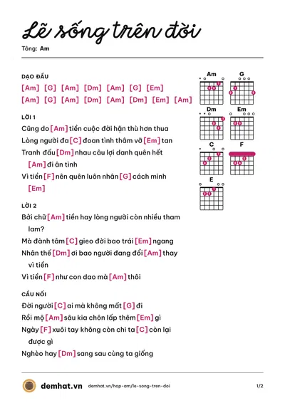 Hợp âm Lẽ sống trên đời (Ngọc Ánh Sáng) – bản nhạc PDF trang 1, tông Am