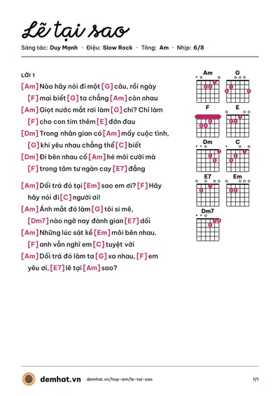Hợp âm Lẽ tại sao (Trương Anh Tuấn) – bản nhạc PDF trang 1, tông Am