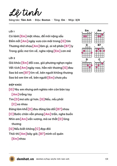Hợp âm Lệ tình (Thái Châu) – bản nhạc PDF trang 1, tông Em