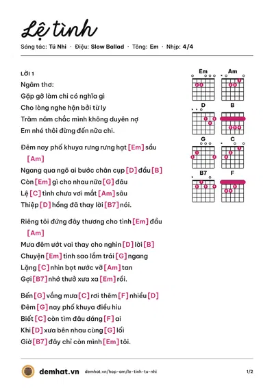 Hợp âm Lệ tình (Tú Nhi) – bản nhạc PDF trang 1, tông Em