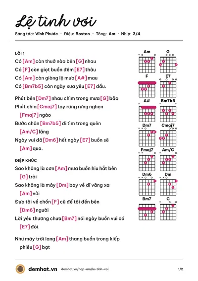 Hợp âm Lệ tình vơi (Nguyên Khang) – bản nhạc PDF trang 1, tông Am