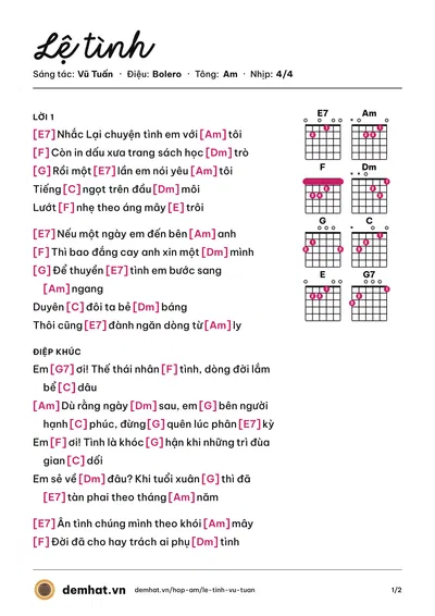 Hợp âm Lệ tình (Vũ Tuấn) – bản nhạc PDF trang 1, tông Am