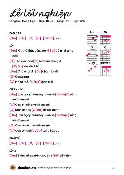 Hợp âm Lễ tốt nghiệp (Mèow Lạc) – bản nhạc PDF trang 1, tông Dm